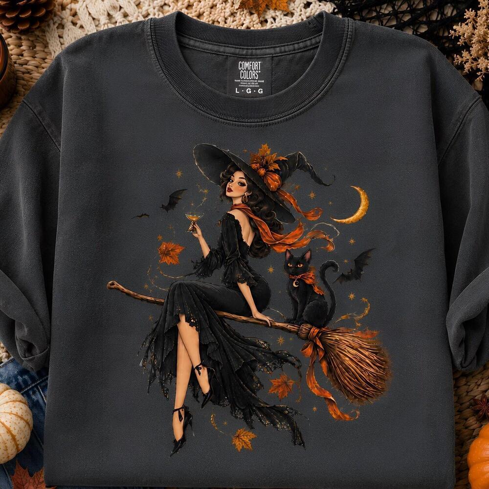 Halloween Witch Shirt, Black Cat Witch Tee, Retro Halloween Shirt, Spooky